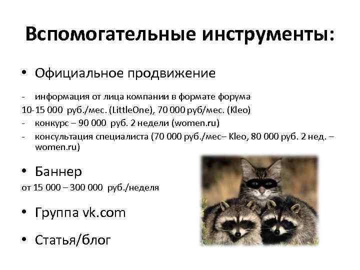 Вспомогательные инструменты: • Официальное продвижение - информация от лица компании в формате форума 10