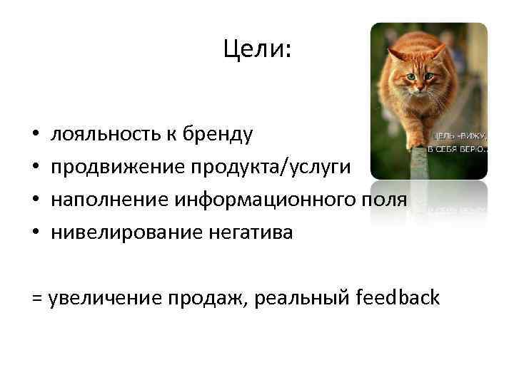 Цели: • • лояльность к бренду продвижение продукта/услуги наполнение информационного поля нивелирование негатива =