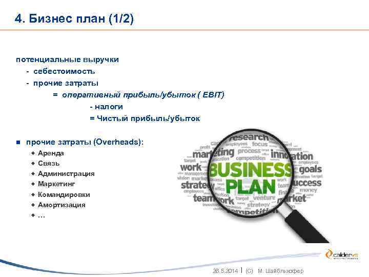 4. Бизнес план (1/2) потенциальные выручки - себестоимость - прочие затраты = оперативный прибыль/убыток