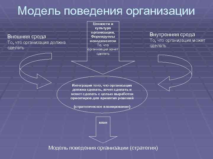 Модель поведения организации Внешняя среда То, что организация должна сделать Ценности и культура организации,