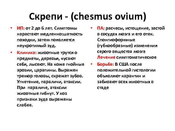 Скрепи - (chesmus ovium) • ИП: от 2 до 6 лет. Симптомы нарастают медленно: