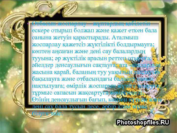  • Отбасын жоспарлау – жұптардың қабілетін ескере отырып болжап және қажет еткен бала