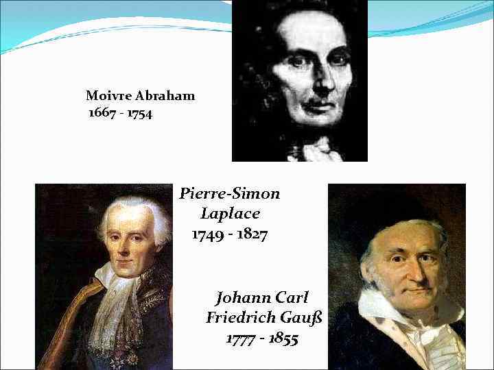 Moivre Abraham 1667 - 1754 Pierre-Simon Laplace 1749 - 1827 Johann Carl Friedrich Gauß