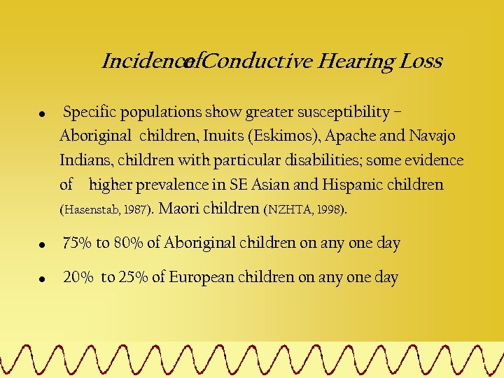 Incidence Conductive Hearing Loss of • Specific populations show greater susceptibility – Aboriginal children,