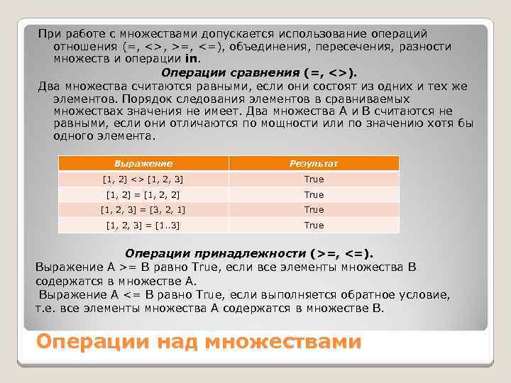 При работе с множествами допускается использование операций отношения (=, <>, >=, <=), объединения, пересечения,