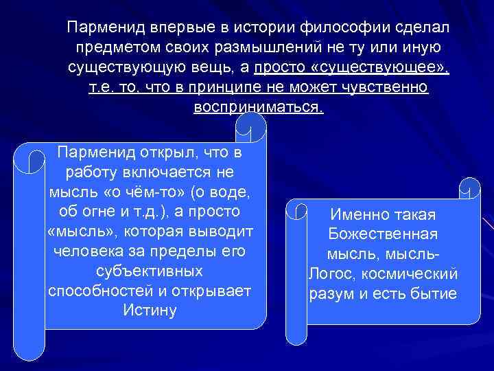 Парменид впервые в истории философии сделал предметом своих размышлений не ту или иную существующую