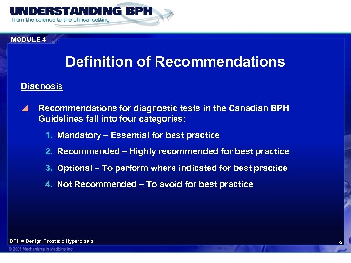MODULE 4 Definition of Recommendations Diagnosis y Recommendations for diagnostic tests in the Canadian