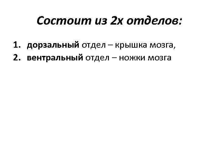 Состоит из 2 х отделов: 1. дорзальный отдел – крышка мозга, 2. вентральный отдел