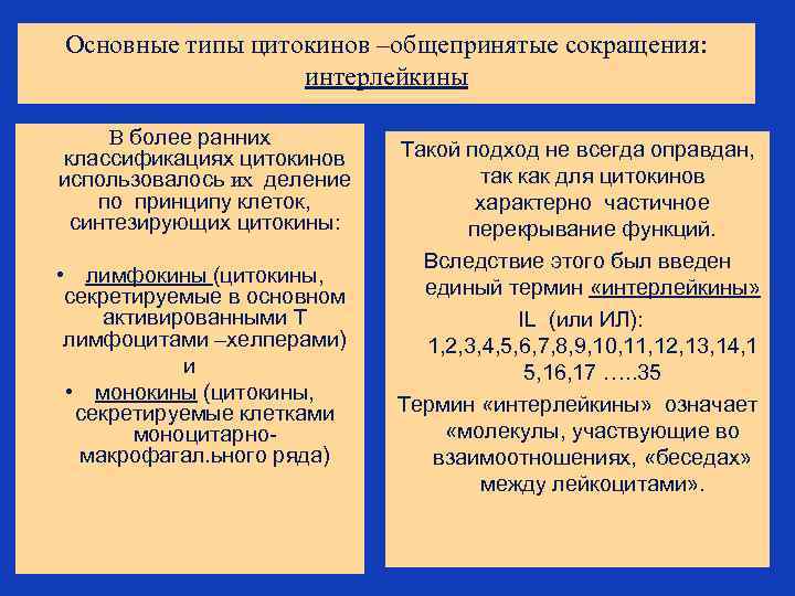 Основные типы цитокинов –общепринятые сокращения: интерлейкины В более ранних классификациях цитокинов использовалось их деление