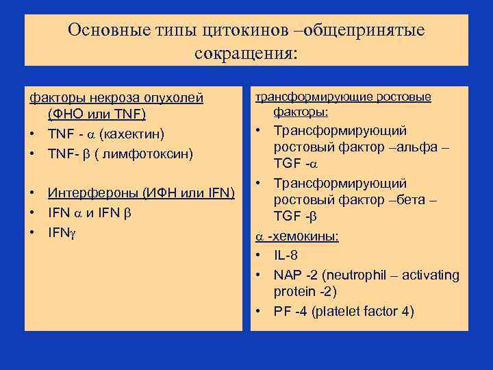 Основные типы цитокинов –общепринятые сокращения: факторы некроза опухолей (ФНО или TNF) • TNF -