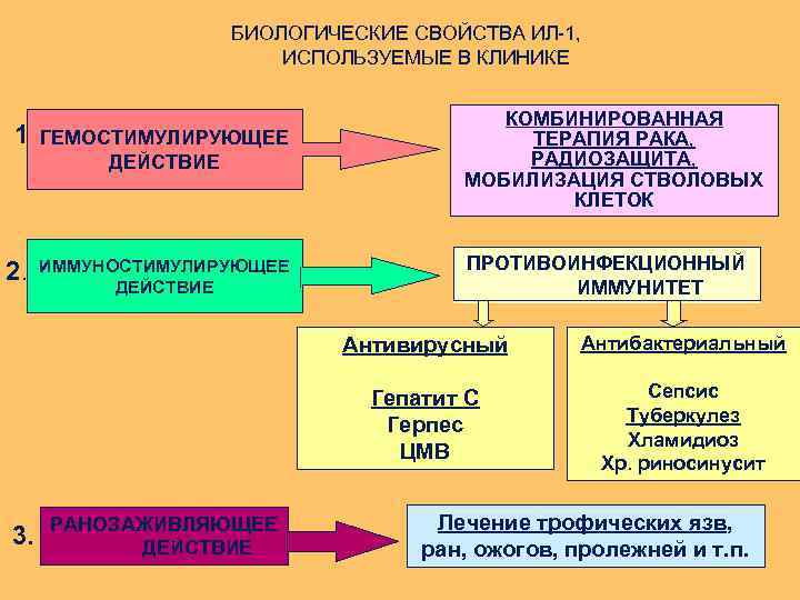 БИОЛОГИЧЕСКИЕ СВОЙСТВА ИЛ-1, ИСПОЛЬЗУЕМЫЕ В КЛИНИКЕ 1. ГЕМОСТИМУЛИРУЮЩЕЕ ДЕЙСТВИЕ 2. ИММУНОСТИМУЛИРУЮЩЕЕ ДЕЙСТВИЕ КОМБИНИРОВАННАЯ ТЕРАПИЯ