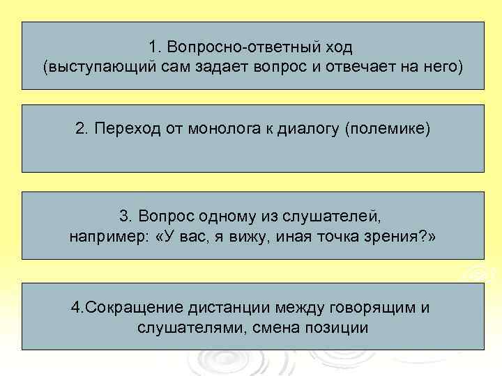 1. Вопросно-ответный ход (выступающий сам задает вопрос и отвечает на него) 2. Переход от