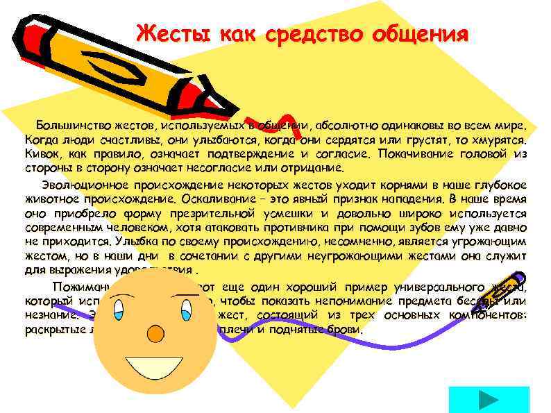 Жесты как средство общения Большинство жестов, используемых в общении, абсолютно одинаковы во всем мире.