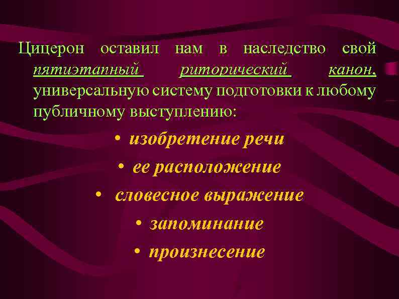 Цицерон оставил нам в наследство свой пятиэтапный риторический канон, универсальную систему подготовки к любому