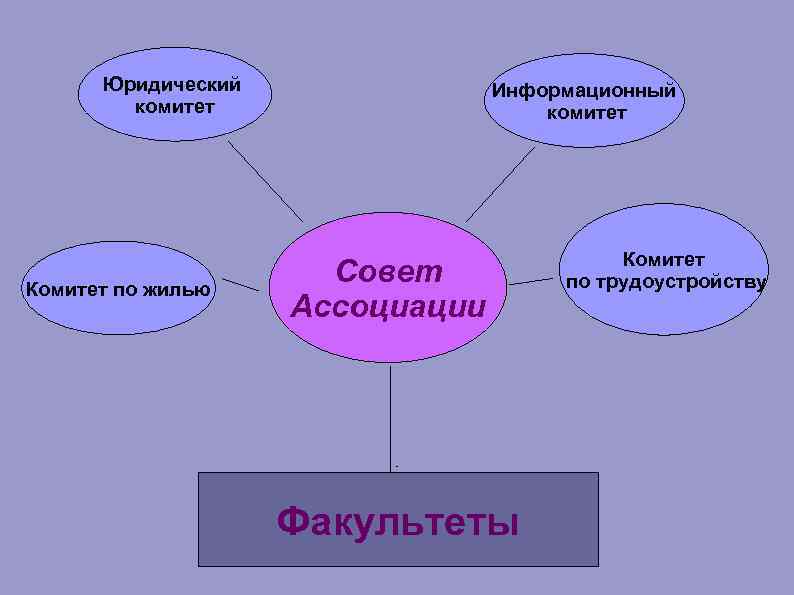 Юридический комитет Комитет по жилью Информационный комитет Совет Ассоциации Факультеты Комитет по трудоустройству 
