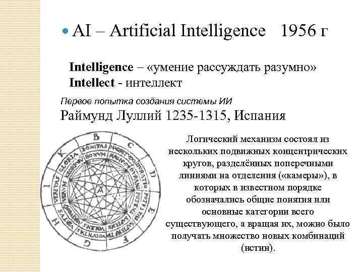  AI – Artificial Intelligence 1956 г Intelligence – «умение рассуждать разумно» Intellect -