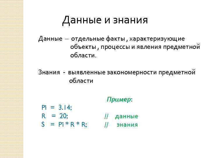 Данные и знания Данные – отдельные факты , характеризующие объекты , процессы и явления