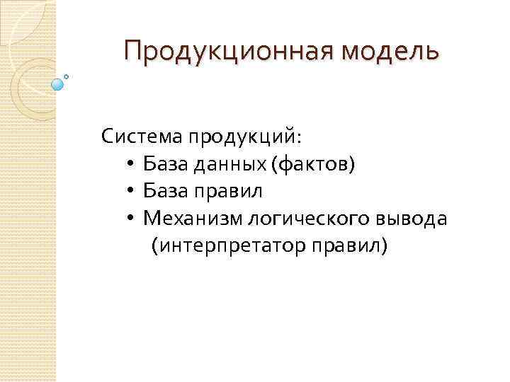 Продукционная модель Система продукций: • База данных (фактов) • База правил • Механизм логического