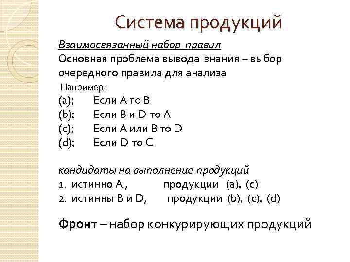 Система продукций Взаимосвязанный набор правил Основная проблема вывода знания – выбор очередного правила для