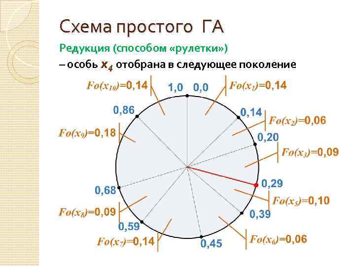 Схема простого ГА Редукция (способом «рулетки» ) – особь x 4 отобрана в следующее