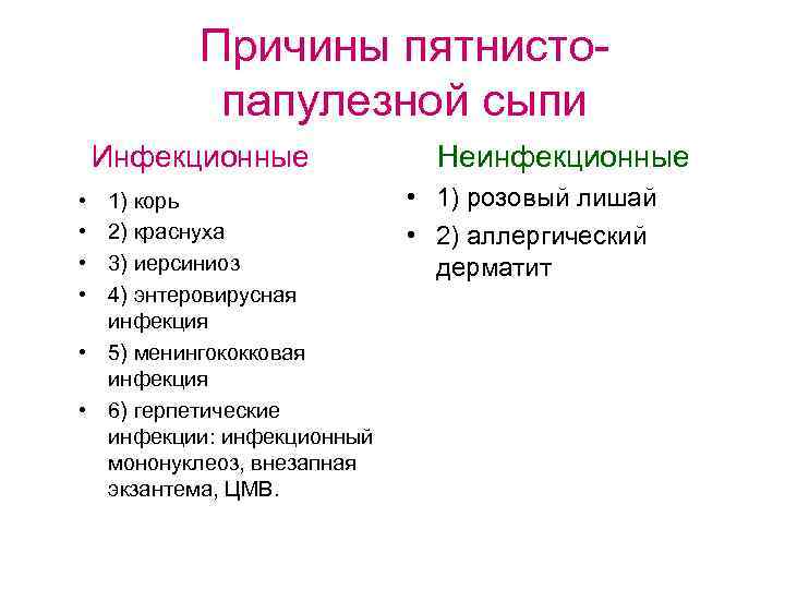 Причины пятнистопапулезной сыпи Инфекционные • • 1) корь 2) краснуха 3) иерсиниоз 4) энтеровирусная