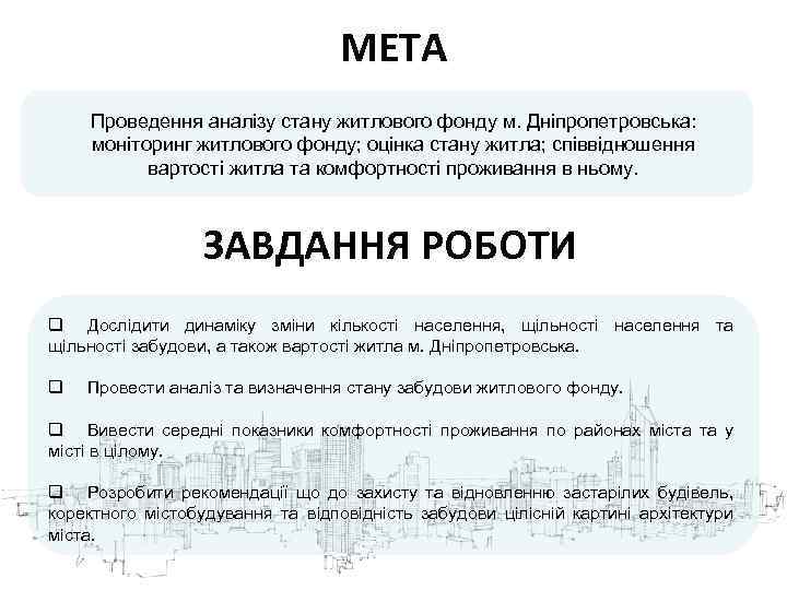 МЕТА Проведення аналізу стану житлового фонду м. Дніпропетровська: моніторинг житлового фонду; оцінка стану житла;