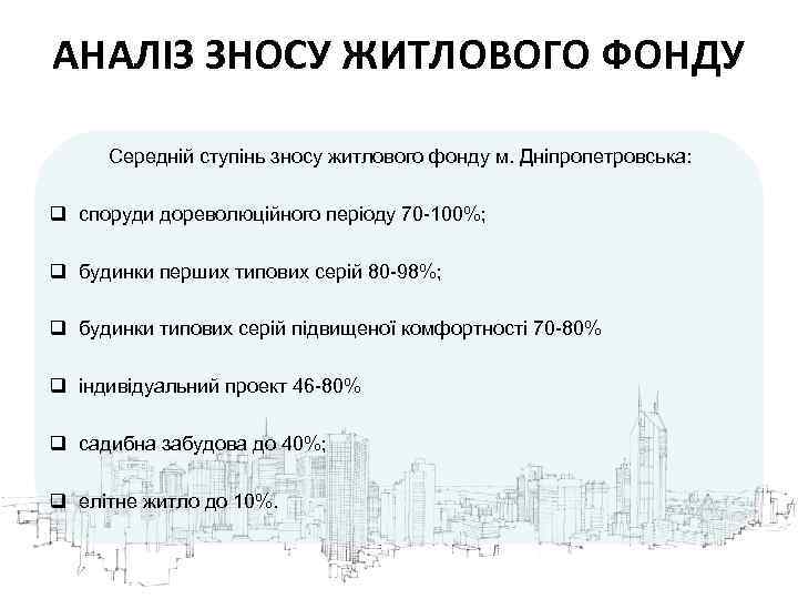 АНАЛІЗ ЗНОСУ ЖИТЛОВОГО ФОНДУ Середній ступінь зносу житлового фонду м. Дніпропетровська: q споруди дореволюційного