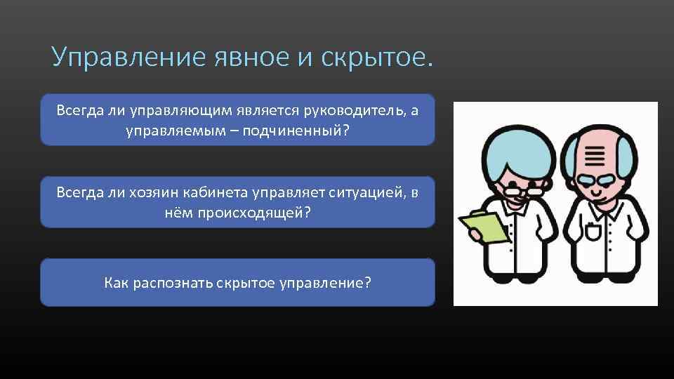 Управление явное и скрытое. Всегда ли управляющим является руководитель, а управляемым – подчиненный? Всегда