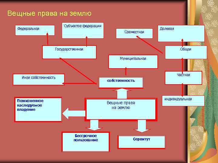 Вещные права на землю Субъектов федерации Федеральная Совместная Государственная Долевая Общая Муниципальная Частная Иная