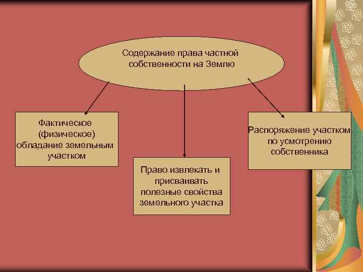Содержание права частной собственности на Землю Фактическое (физическое) обладание земельным участком Распоряжение участком по