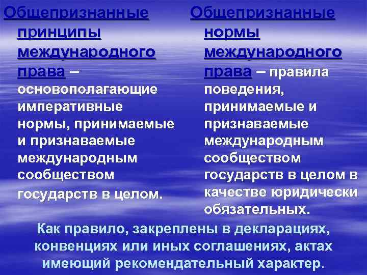 Общепризнанные принципы международного права – основополагающие императивные нормы, принимаемые и признаваемые международным сообществом государств