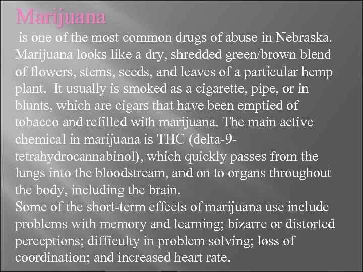 Marijuana is one of the most common drugs of abuse in Nebraska. Marijuana looks