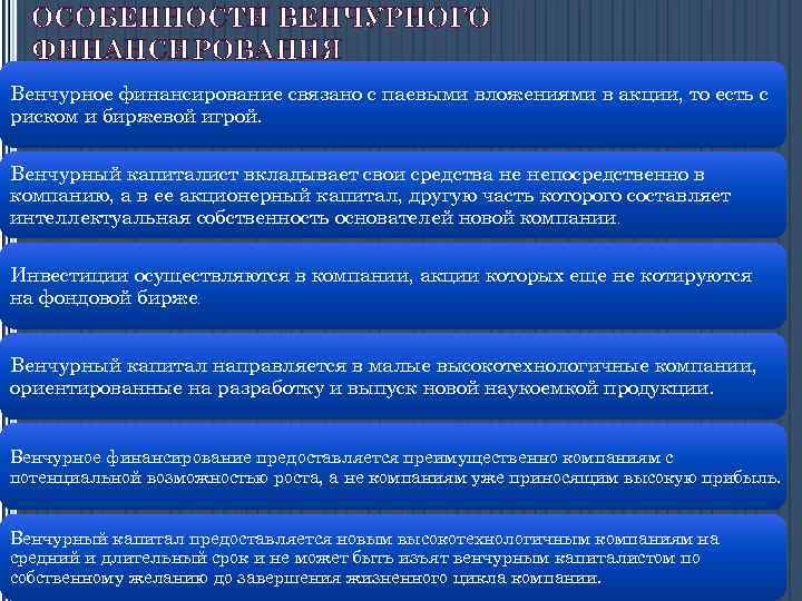 ОСОБЕННОСТИ ВЕНЧУРНОГО ФИНАНСИРОВАНИЯ Венчурное финансирование связано с паевыми вложениями в акции, то есть с