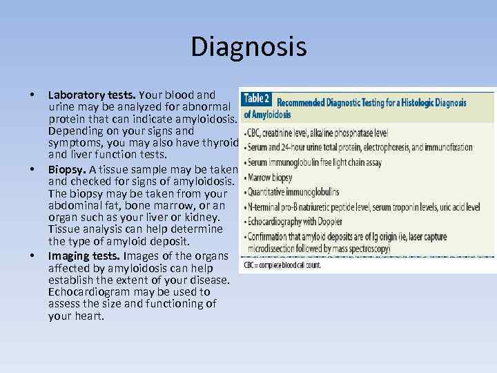 Diagnosis • • • Laboratory tests. Your blood and urine may be analyzed for