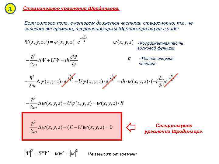 3. Стационарное уравнение Шредингера. Если силовое поле, в котором движется частица, стационарно, т. е.