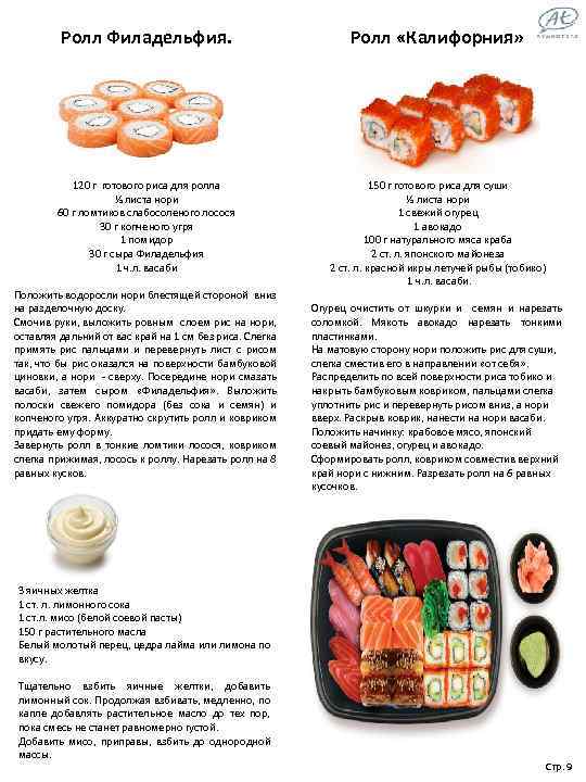 Ролл Филадельфия. Ролл «Калифорния» 120 г готового риса для ролла ½ листа нори 60