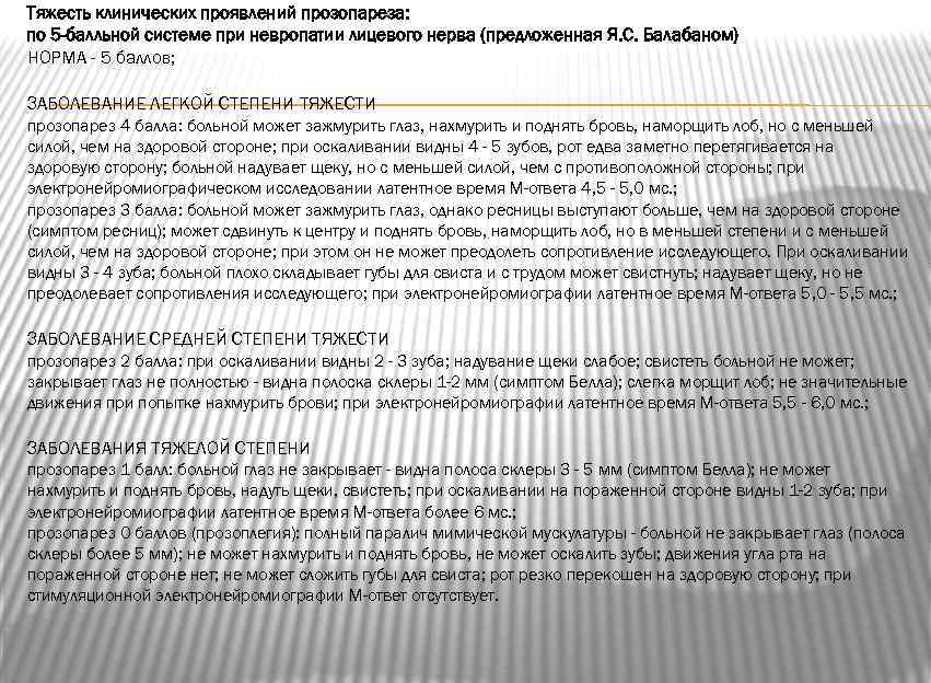 Тяжесть клинических проявлений прозопареза: по 5 -балльной системе при невропатии лицевого нерва (предложенная Я.