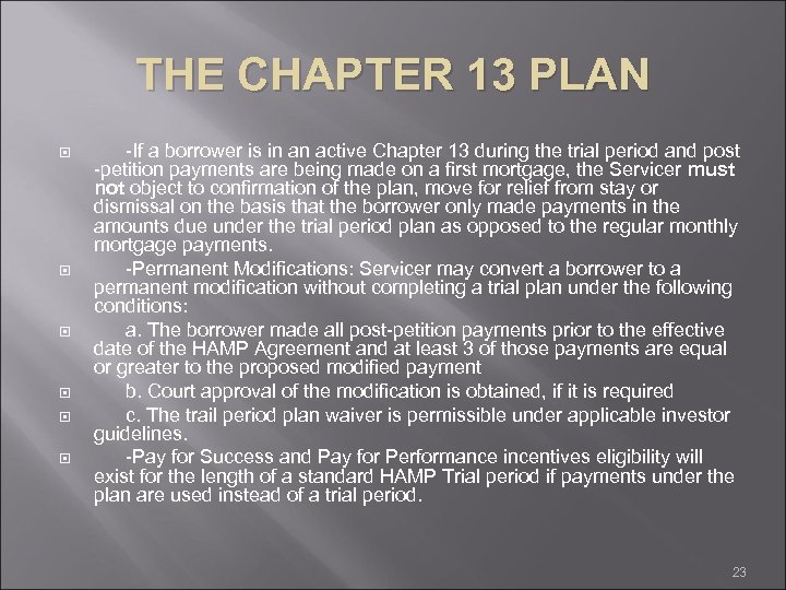 THE CHAPTER 13 PLAN -If a borrower is in an active Chapter 13 during