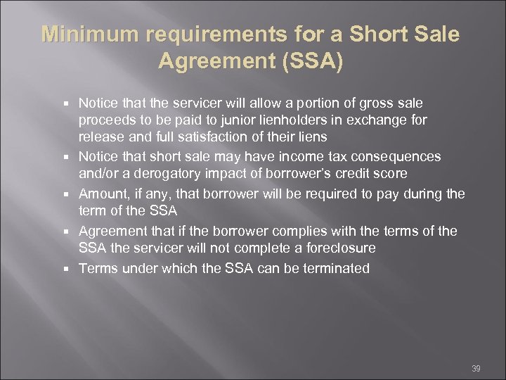 Minimum requirements for a Short Sale Agreement (SSA) Notice that the servicer will allow