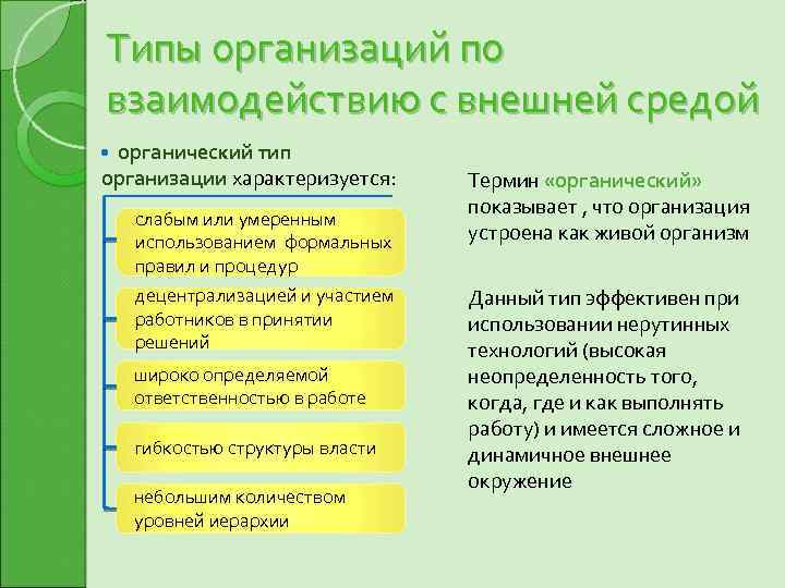 Типы организаций по взаимодействию с внешней средой органический тип организации характеризуется: слабым или умеренным