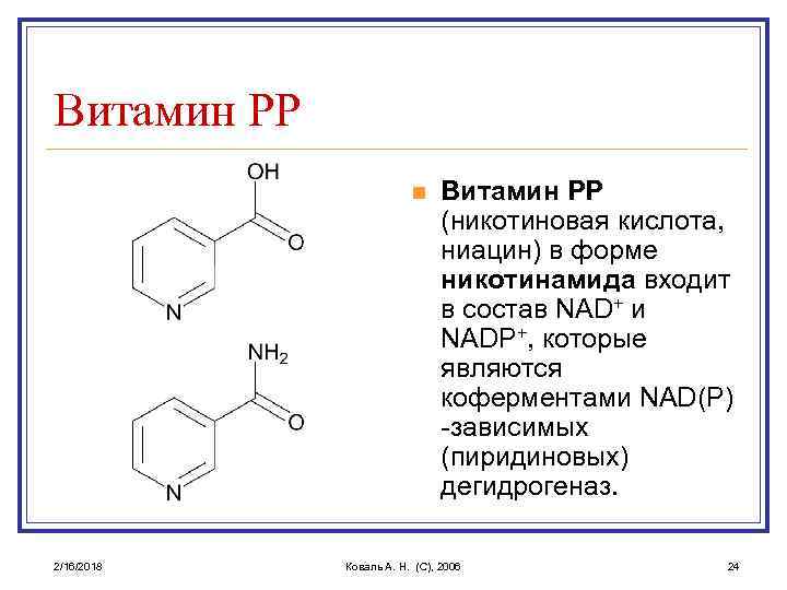 Витамин PP n 2/16/2018 Витамин PP (никотиновая кислота, ниацин) в форме никотинамида входит в