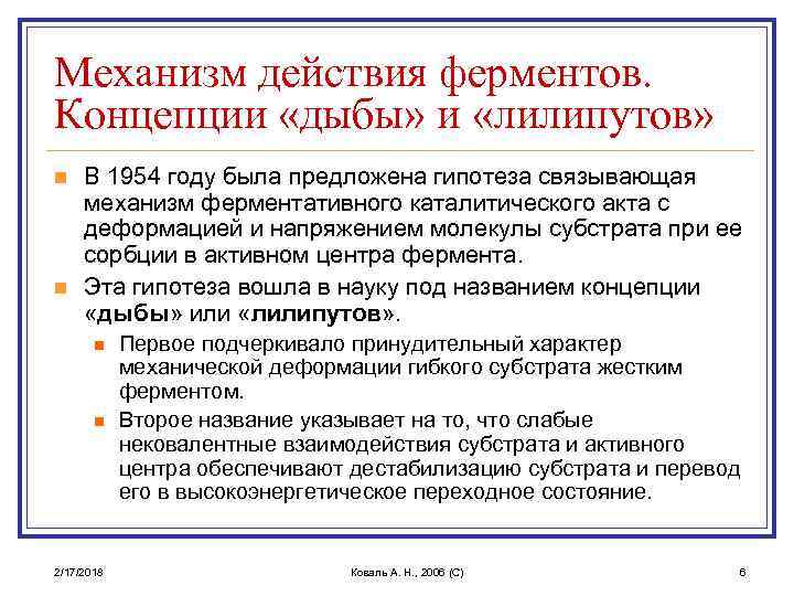 Механизм действия ферментов. Концепции «дыбы» и «лилипутов» n n В 1954 году была предложена
