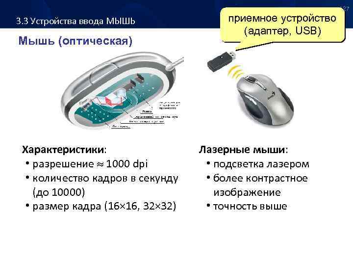 3. 3 Устройства ввода МЫШЬ Мышь (оптическая) Характеристики: • разрешение 1000 dpi • количество