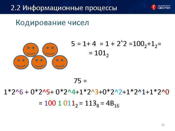 2. 2 Информационные процессы Кодирование чисел 5 = 1+ 4 = 1 + 2^2