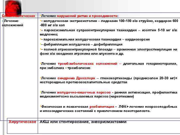 Симптоматическая - Лечение осложнений • Лечение нарушений ритма и проводимости: • - желудочковая экстрасистолия