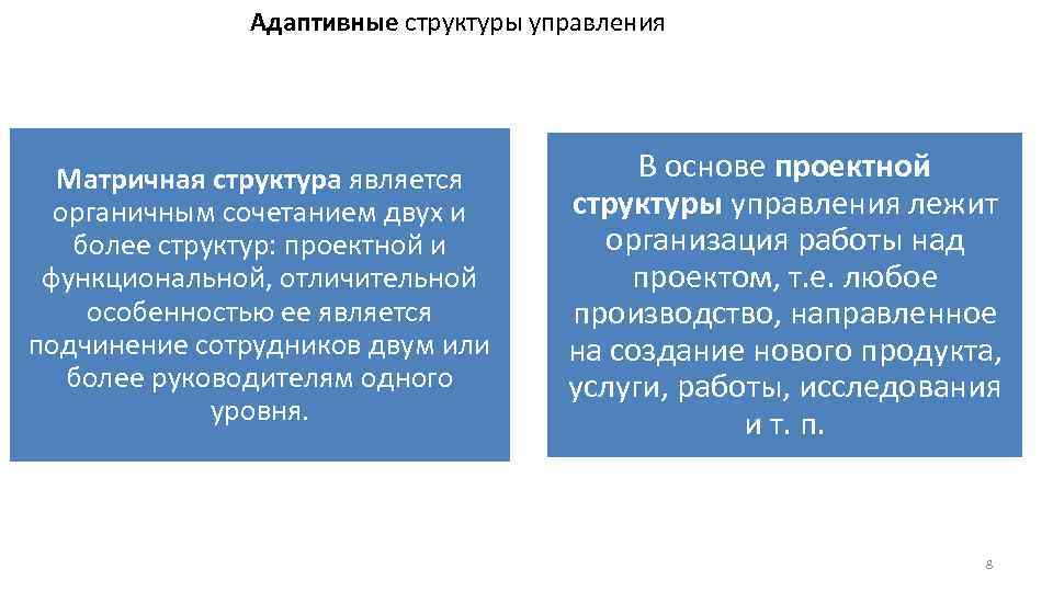 Адаптивные структуры управления Матричная структура является органичным сочетанием двух и более структур: проектной и