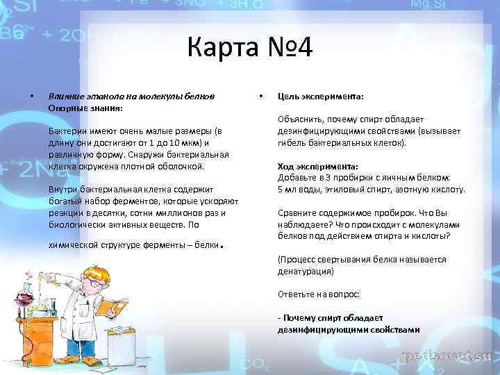 Карта № 4 • Влияние этанола на молекулы белков Опорные знания: • Бактерии имеют