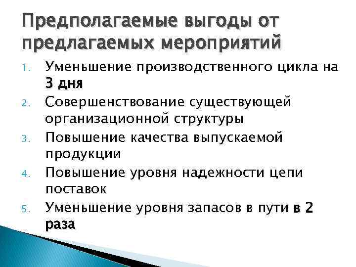 Предполагаемые выгоды от предлагаемых мероприятий 1. 2. 3. 4. 5. Уменьшение производственного цикла на