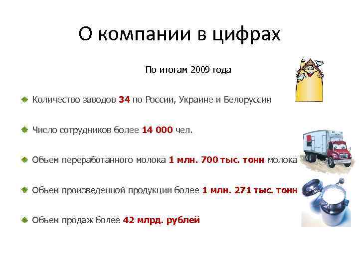 О компании в цифрах По итогам 2009 года Количество заводов 34 по России, Украине