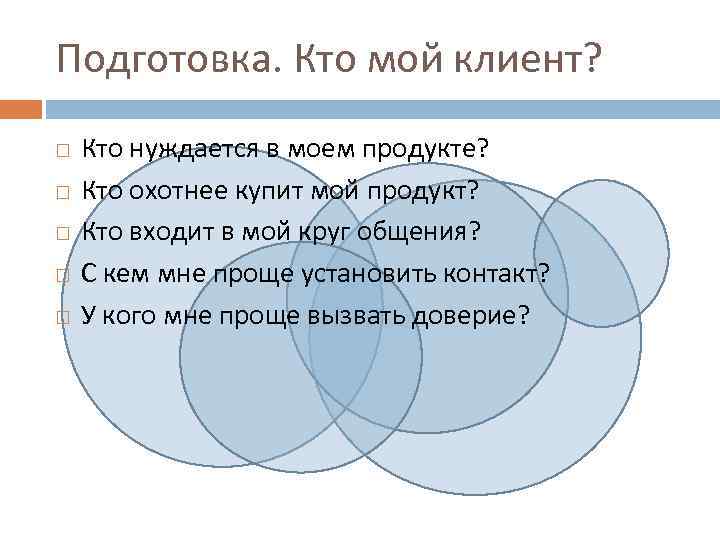 Подготовка. Кто мой клиент? Кто нуждается в моем продукте? Кто охотнее купит мой продукт?